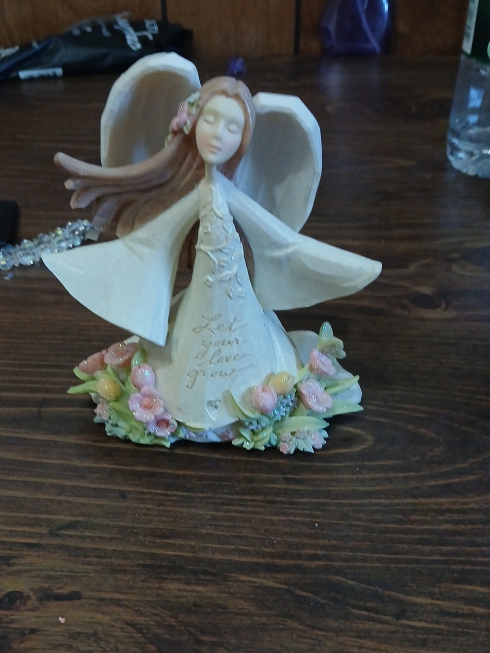 Enesco Cream Angel Figurine with Pink and Green Floral Base